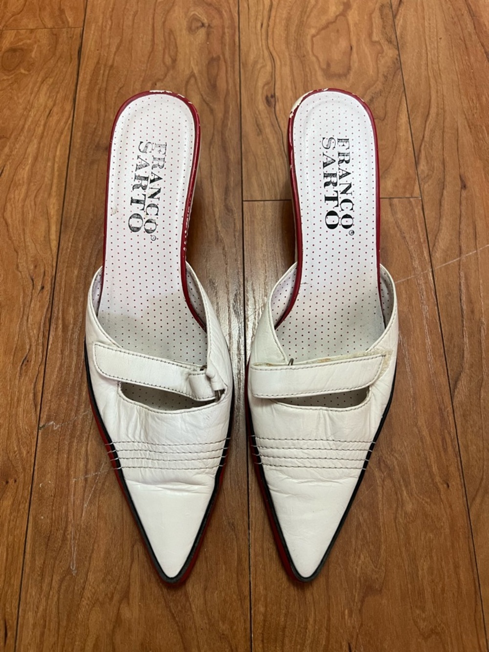 Franco Sarto Cream Pointed Toe Slip-On Mules with Red Trim